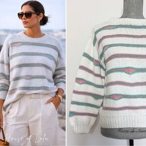 White pastel stripe knit sweater. vintage coastal preppy pullover.